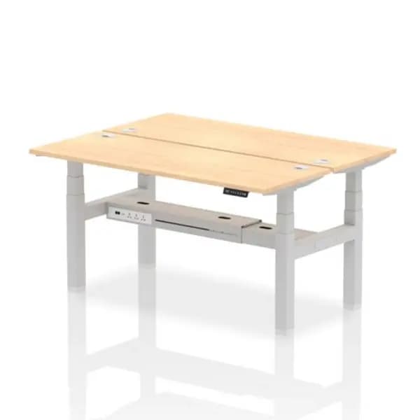 Air Air Back-to-Back 1600 x 600mm Height Adjustable 2 Person Bench Desk Maple Top with Cable Ports Silver Frame HASCP2P16600MPES