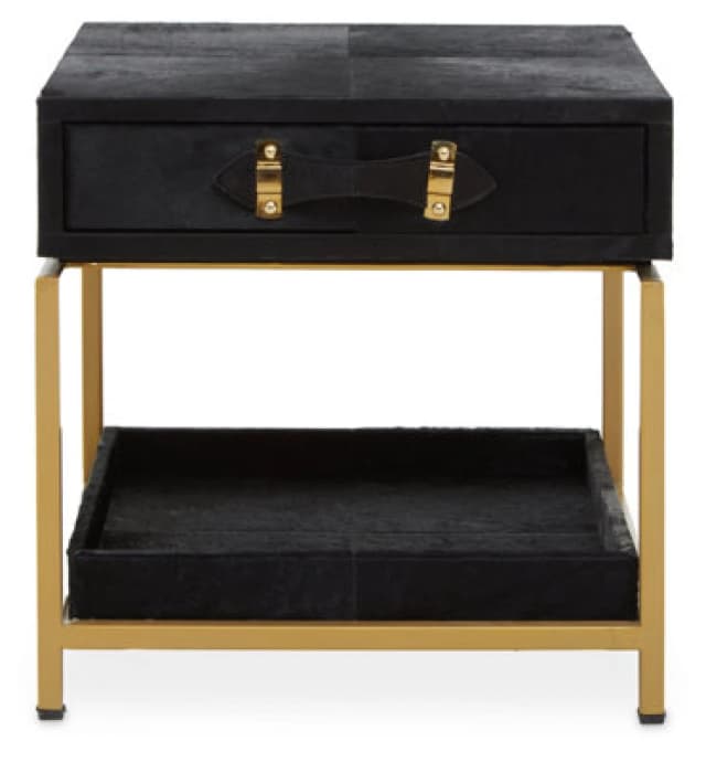 Orsina Black Hair On Hide Bedside Table, Luxe Gold Frame Nightstand, Modern Statement Side Table, Wooden Table