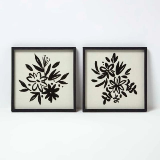 Homescapes Set Of 2 Black Linen Flower Wall Art