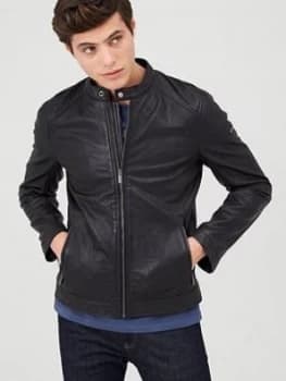 Superdry Hero Light Leather Racer Jacket - Black, Size S, Men