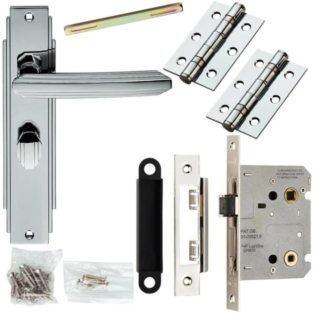 Loops Door Handle & Bathroom Lock Pack Chrome Art Deco Premium Thumb Turn Backplate Multi