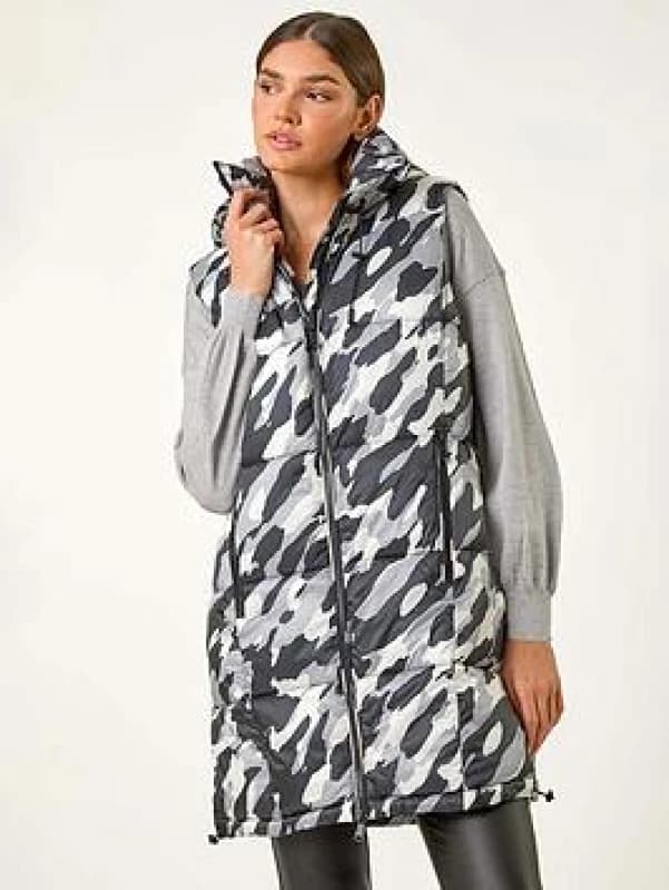 Roman Camo Print Longline Hooded Gilet Light Grey