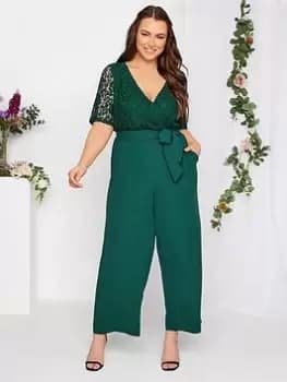 Yours Curve Occasion Lace Wrap Jumpsuit, Green, Size 14, Women