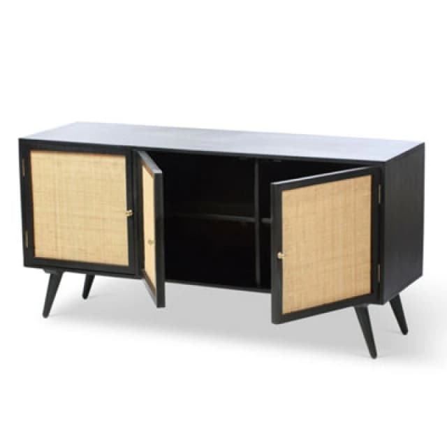 Desser Manhattan Sideboard 3 Door Mango Wood & Cane Webbing In Black H70Cm X W145Cm X D45Cm