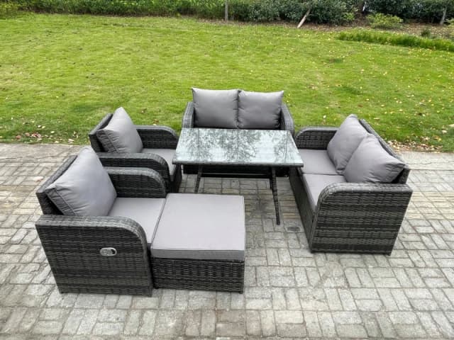 Fimous Wicker PE Rattan Garden Dining Set Outdoor Furniture Sofa with Rectangular Dining Table Big Footstool Dark Grey Mixed Dark Grey