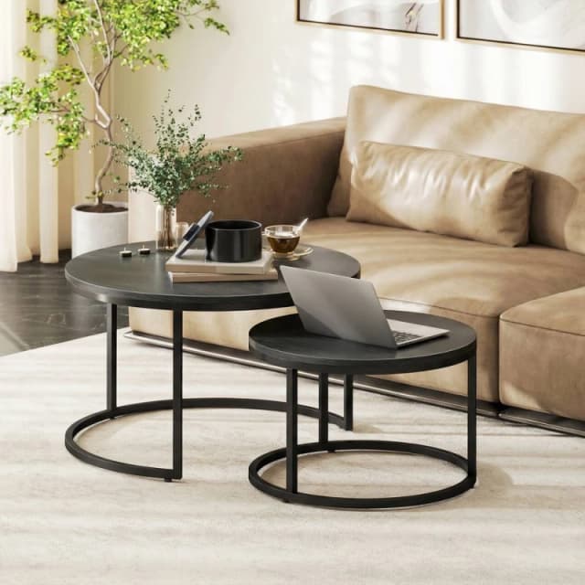 HOMCOM 2 Pcs Stacking Coffee Table Set Steel Frame, Black Wood Grain Size: Large Black Unisex Large
