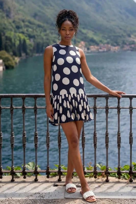 Roman Womens Polka Dot Pleated A-Line Dress in Navy Size: 20 Navy Female 20