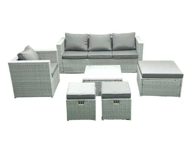 Fimous 6 Seater Rattan Garden Furniture Set with 3 Seater Sofa Chair Square Coffee Table 3 Footstools Light Grey Mixed Light Grey