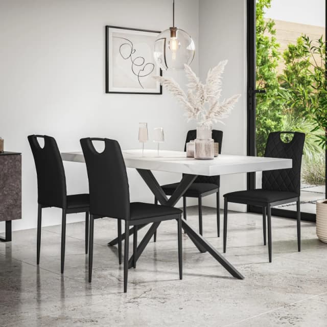 More4Homes Donni Dining Table And Chairs - White Marble Effect Table Top W Black Legs + Monza Faux Leather Dining Chair Set Of 6 (Black)