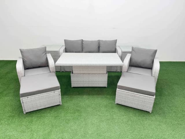 Fimous PE Rattan Garden Furniture Set Reclining Chair Sofa Lounge Sofa Set Adjustable Lifting Dining or Coffee Table 2 Side Table 2 Big Footstool Ligh