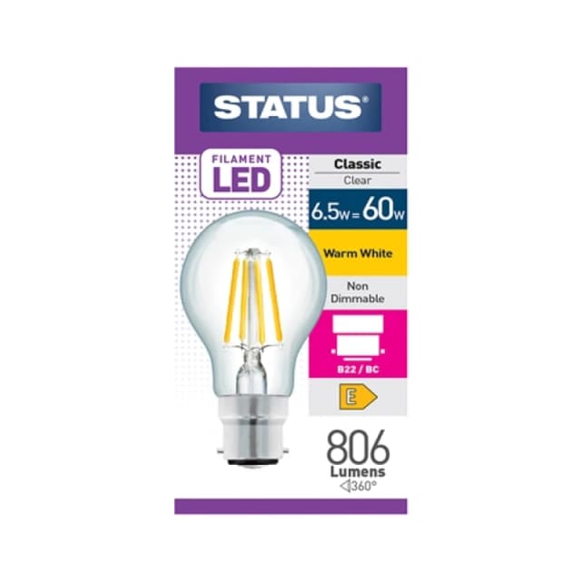 Status 6.5 = 60w = 806 lumens - Filament LED - A60 GLS - BC - Clear - Warm White