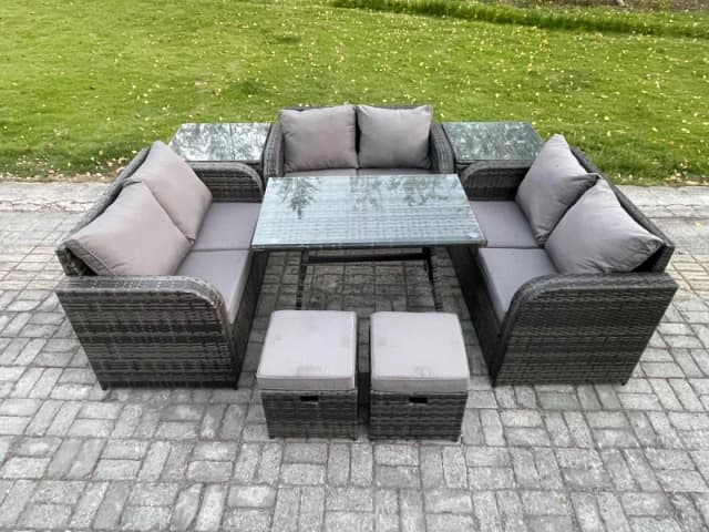 Fimous Outdoor Rattan Garden Furniture Set 8 Seater Patio Love Sofa Set with Rectangular Dining Table 2 Small Footstools 2 Side Tables Dark Grey