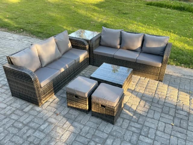 Fimous Indoor Outdoor Rattan Garden Furniture 8 Seater Set Table Sofa Chair Patio Conservatory with Grey Cushions Side Table 2 Small Footstools Dark G