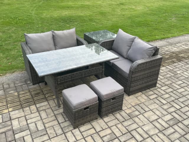 Fimous Garden Patio Furniture Wicker Rattan Oblong Rectangular Dining Table & Loveseat Sofa set with Side Table in Dark Grey Dark Grey Unisex