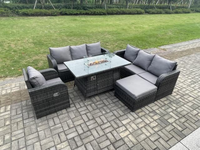 Fimous Rattan Outdoor Furniture Gas Fire Pit Dining Table Gas Heater Reclining Chair 3 Seater Sofa Sets with Big Footstool 8 Seater Dark Grey