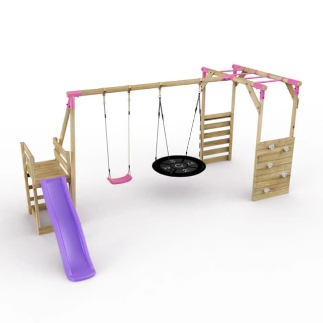 Rebo Wooden Swing Set with Nest Swing, Monkey Bars and Slide - Meteorite Pink Pink