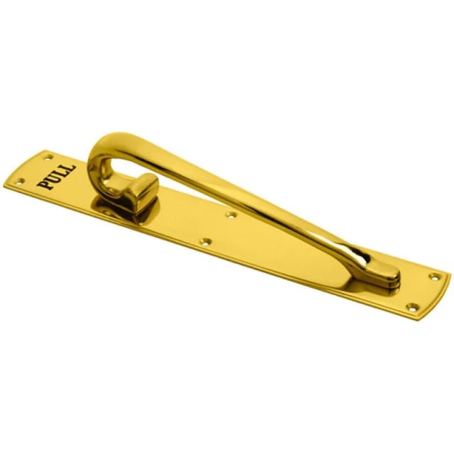 Loops Curved Left Handed Door Pull Handle Engraved with 'Pull' Polished Brass Metallics unisex