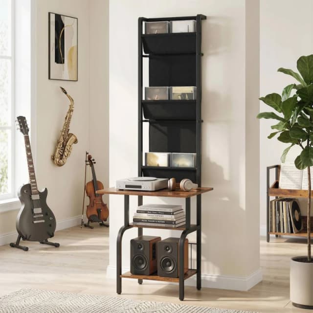 HOMCOM Vinyl Record Player Stand with Oxford Pockets Rustic Brown & Black Brown Unisex