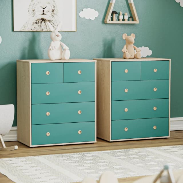 Lassic Junior Vida Neptune 5 Drawer Chest Set of 2 Blue & Oak unisex One Size