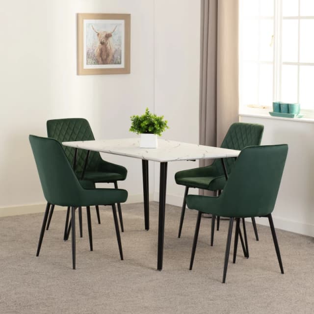 Seconique Marlow & Avery Dining Set (x4 Chairs) - White Marble/Emerald Green Velvet, White 400-401-352