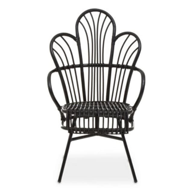 Orsina Black Natural Rattan Back Chair Metal Legs, High Back Rattan Lounge Chair, Outdoor Rattan Chair For Garden