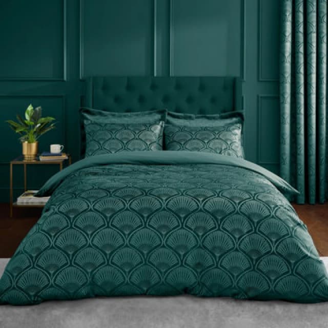 Catherine Lansfield Art Deco Pearl Duvet Cover Set Duvet Covers Double Green 42109390030