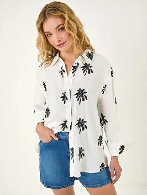 Dusk Womens Palm Embroidered Shirt in White Size: 8 White Female 8