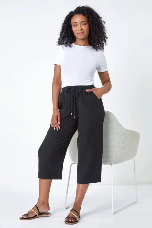 Roman Womens Petite Linen Mix Wide Cropped Trousers in Black Size: 16 Black Female 16