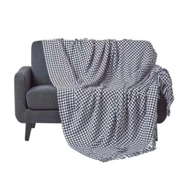 Homescapes Black Houndstooth 100% Cotton Bedspread Throw, 150Cm X 200Cm