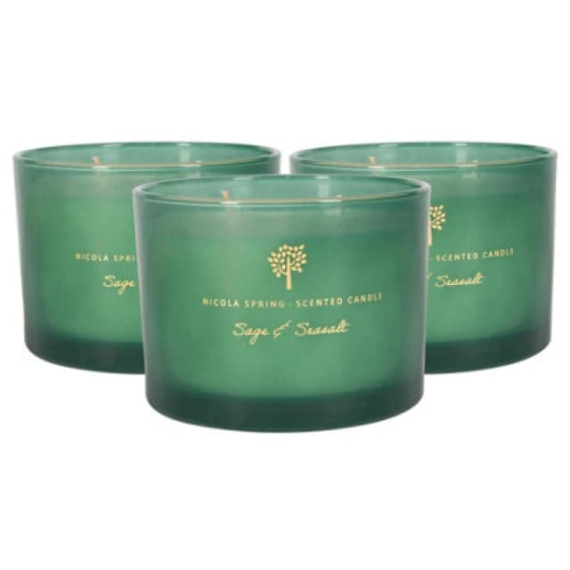 Nicola Spring Soy Wax Scented Candles - 350G - Sage & Seasalt - Pack Of 3 Double Wick Glass Jars - Herbal Spa Fragrance Long Burn