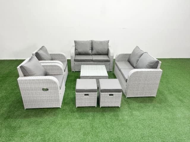Fimous 8 Seater Outdoor Reclining Chair Love Sofa Set Rattan Garden Furniture Set with Square Coffee Table 2 Stools Light Grey Light Grey