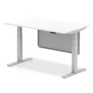 Air 1400 x 800mm Height Adjustable Desk White Top Silver Leg With Silver Steel Modesty Panel