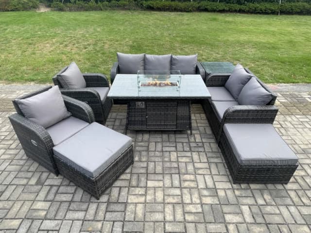 Fimous 9 Seater PE Wicker Outdoor Rattan Garden Furniture Set Propane Gas Fire Pit Table and Sofa Chair set with Side Table 2 Big Footstool Dark Grey