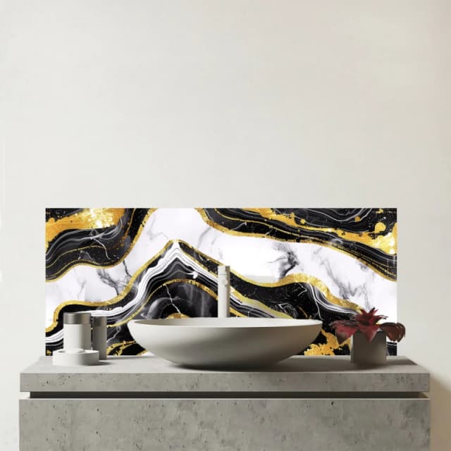 Warren Reed - Designer Black & Gold Marble Effect Glass Bathroom Splashback Gold Unisex
