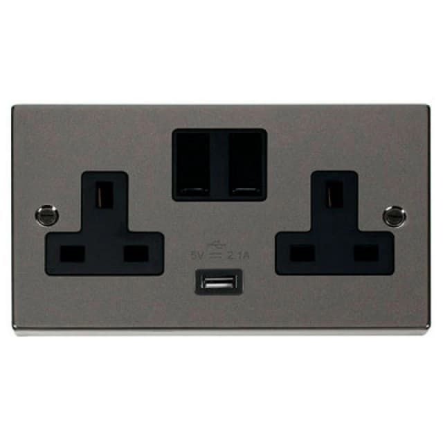 SE Home Black Nickel 2 Gang 13A 1 USB Twin Double Switched Plug Socket Black