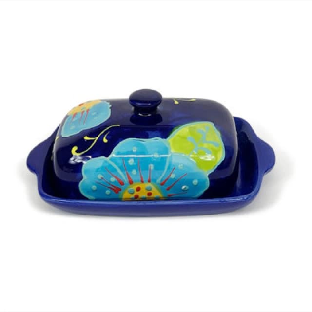 Verano Spanish Ceramics Classic Spanish Hand Painted Kitchen Dining Butter Dish 19Cm L X 12Cm W (Internal 4Cm H) Blue Flower