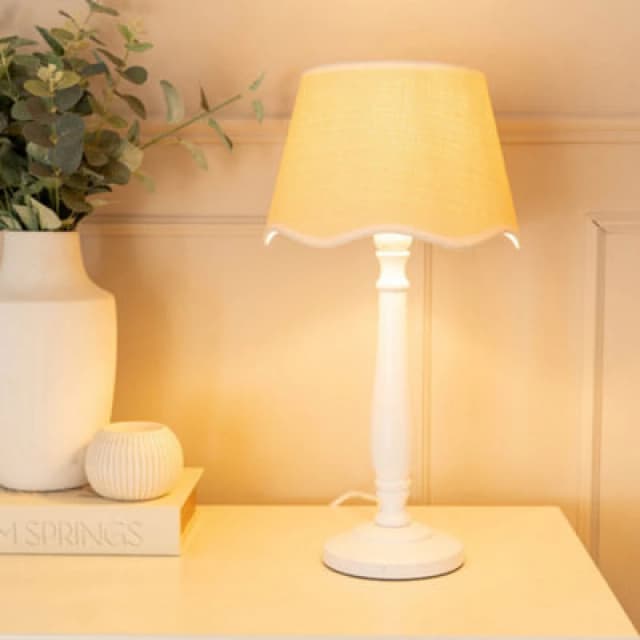 ValueLights Victoria White Wood Candlestick Table Lamp with Linen Scallop Trim Tapered Shade White