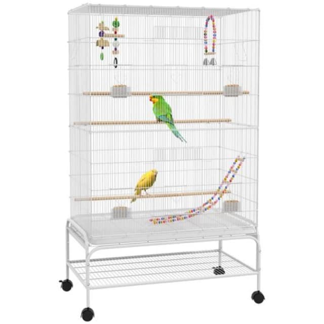 PawHut Bird Cage With Stand Wheels Toys For Budgies Finches White D10-090V00WT
