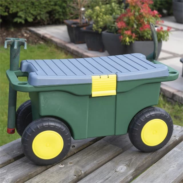 Outdoor Rolling Garden Seat Wheeled Stool with Tool Tray & Store ELV-611297 Garden Cart Trolley