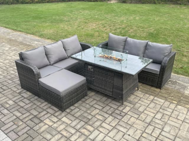 Fimous Rattan Garden Furniture Set with Fire Pit Table 7 Seater Outdoor Patio Lounge Sofa Set Dark Grey Mixed Dark Grey