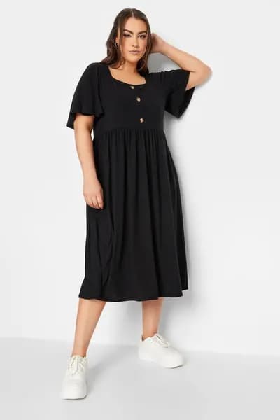 Yours Ribbed Square Neck Midi Dress Black