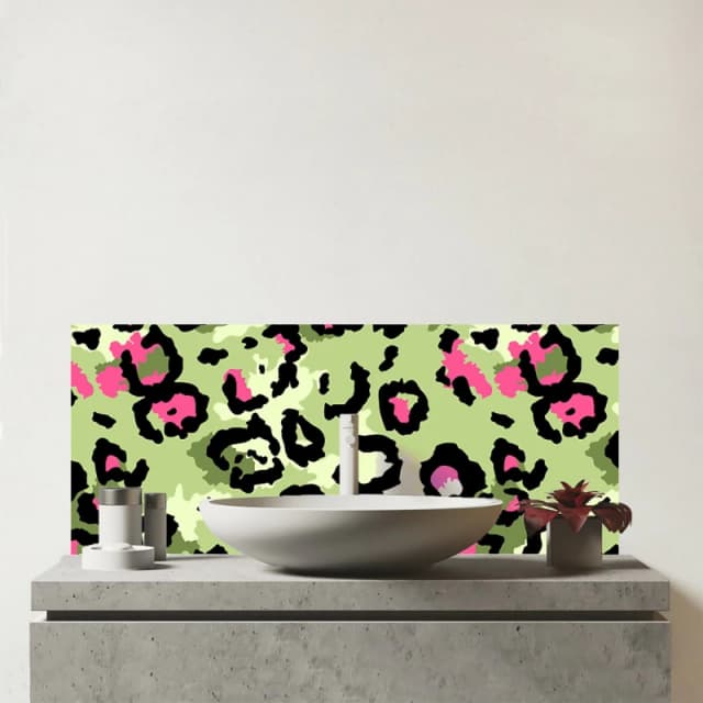 Warren Reed - Designer Green & Pink Leopard Print Glass Bathroom Splashback Green Unisex