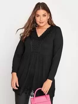 Yours Long Sleeve Crochet Trim Tunic. Black, Size 18, Women