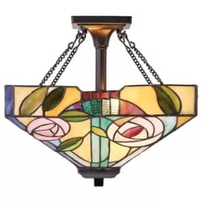 Tiffany Glass Hanging Low Ceiling Light Pink Rose Inverted Square Shade i00162