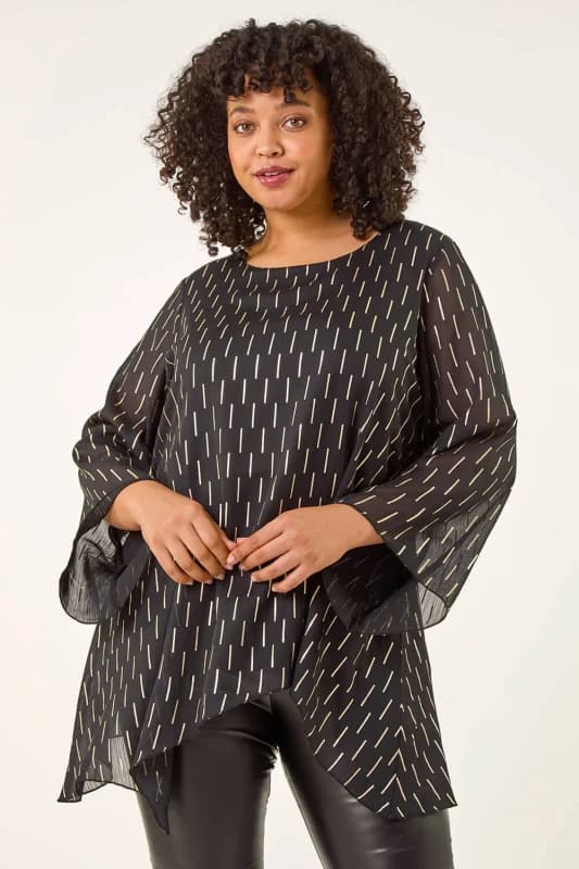 Roman Womens Curve Chiffon Overlay Foil Top in Black Size: 20 Black Female 20
