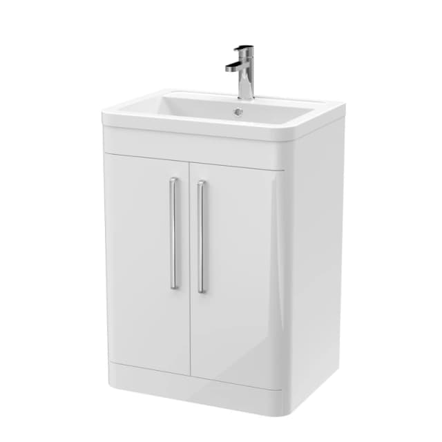 Balterley 600mm Floor Standing 2 Door Vanity Unit, Ceramic Basin, Gloss White White