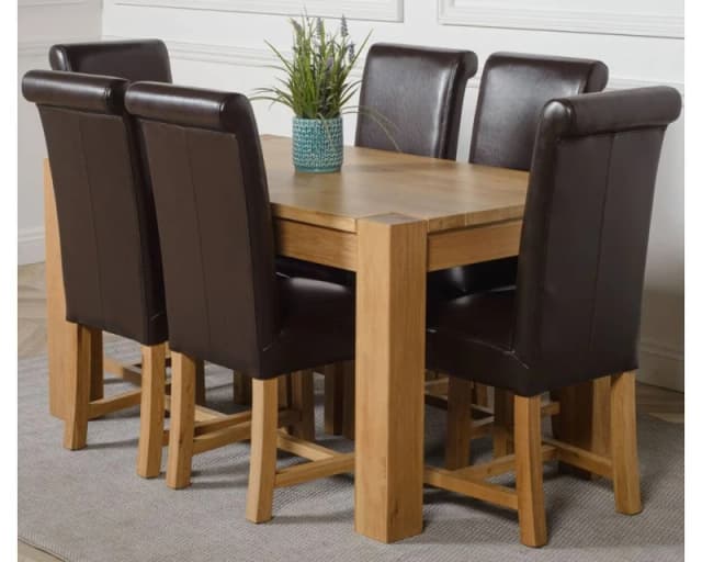 Thats Furniture Kuba 180 x 90cm Chunky Oak Dining Table & 6 Washington Leather Chairs in Brown Brown Unisex 180 x 90 cm