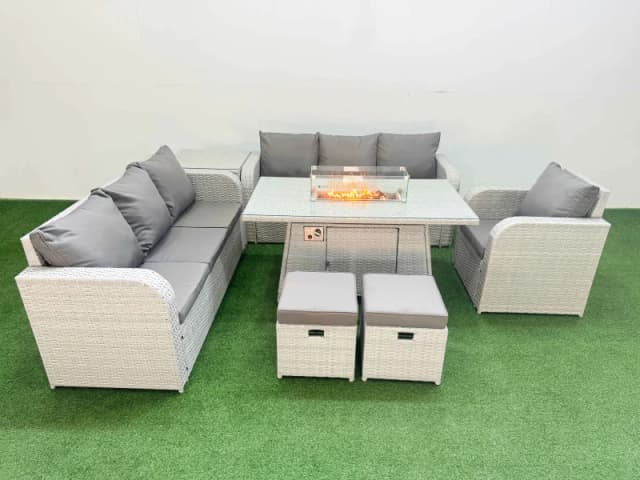 Fimous 9 Seater Poly Rattan Outdoor Garden Furniture Firepit Dining Table Sofa Set Patio 3 Seater Sofa Reclining Chair 3 Seater Sofa Stools Side Table