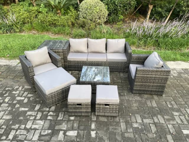 Fimous 8 Seater Wicker Rattan Garden Furniture Sofa Set with Side Table Armchair Square Coffee Table Dark Grey Mixed Dark Grey