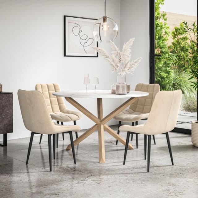 More4Homes Malvern Round Dining Table And Chairs - Marble Table Top W Solid Oak Legs + Nova Velvet Dining Chair Set Of 4 (Beige)